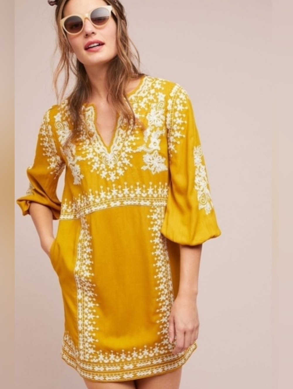 Akemi + Kin Anthropologie Embroidered Shiloh Tunic Dress Mustard Gold Size 14